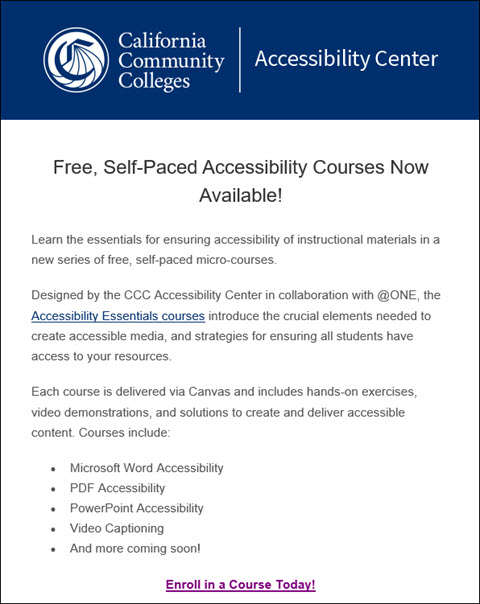 Accessibility Center advertising the free self-paced accessibility courses form at ONE