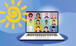 clipart faces on computer screen in webinar with the sun