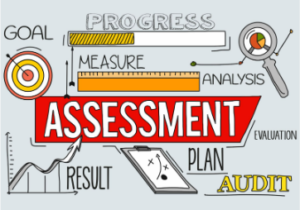 The word assessment surrounded by the words goal, progress, analysis, result, plan and audit.