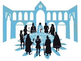 Knights around the roundtable in a castle