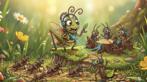 Grasshopper facilitating online discussions with a bunch of crickets in headsets.